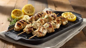 Grilled ranch garlic parmesan chicken skewers with light char and glossy ranch-garlic-parmesan glaze on a cast-iron pan with roasted lemon wedges