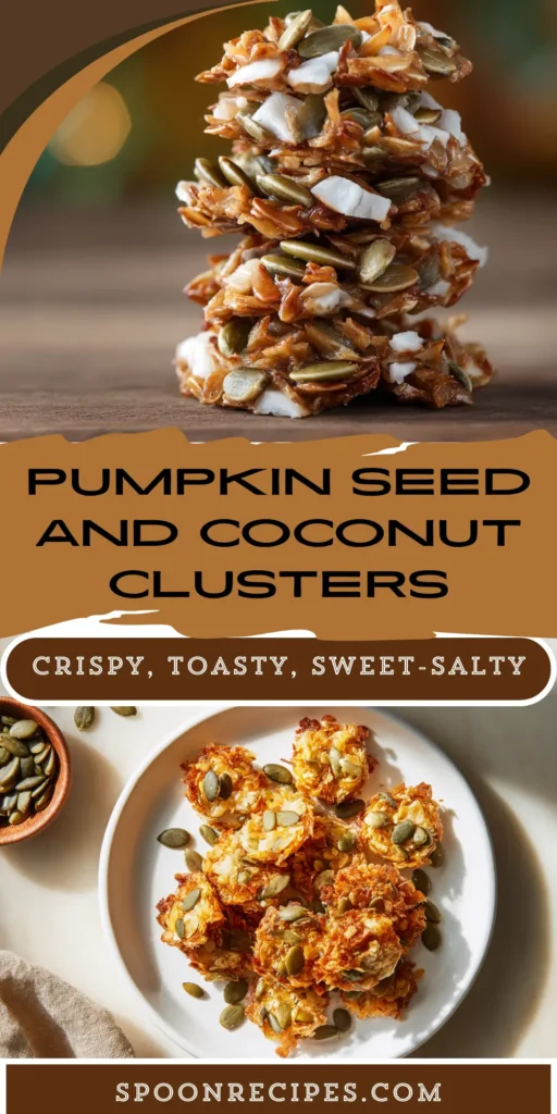 Stacked pumpkin seed and coconut clusters with pepitas and toasted flakes, plus a plate of golden clusters—crispy, sweet-salty healthy snack.