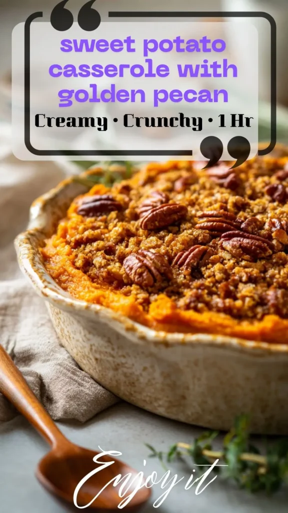 Southern sweet potato casserole with pecan streusel topping in a white dish—Thanksgiving side dish recipe, crunchy top