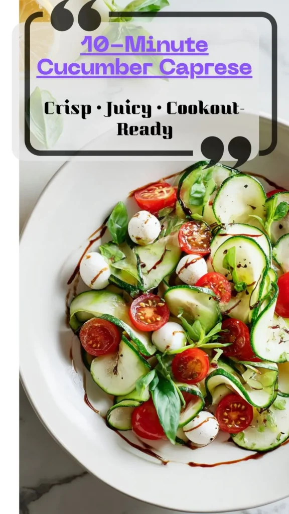 Overhead cucumber caprese with cherry tomatoes, mozzarella pearls, basil, balsamic; Labor Day side, easy cookout sides.