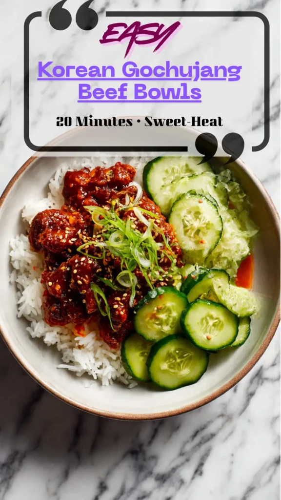 Overhead bowl with rice, gochujang ground beef, cucumbers, carrots, scallions, sesame and glossy sauce; Korean BBQ bowl style, quick pickles.