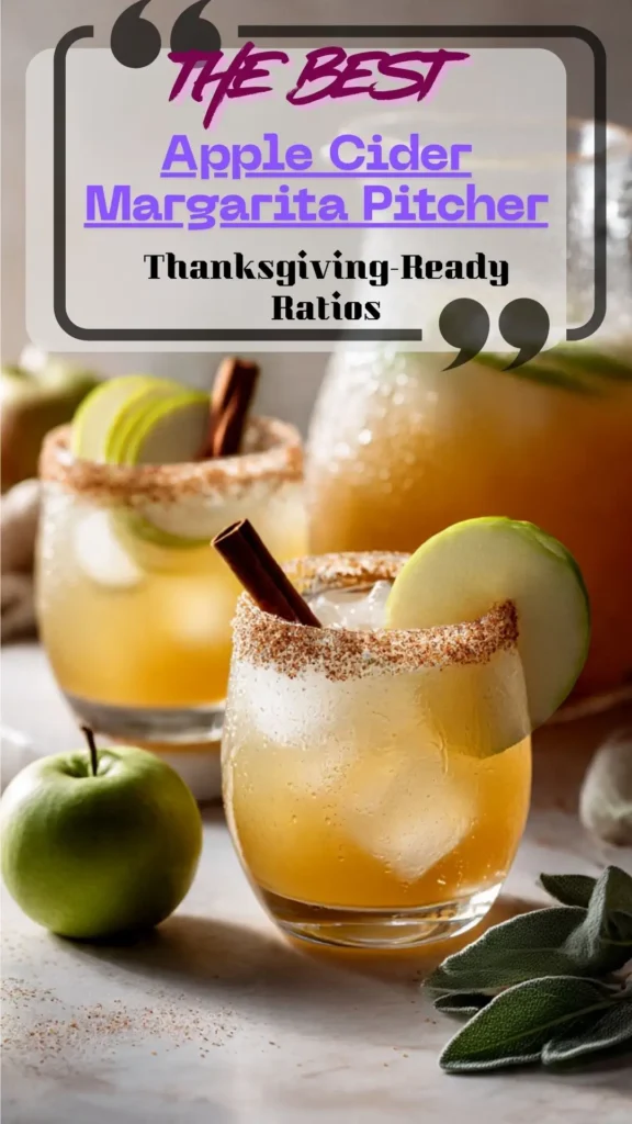 Side view apple cider margarita with cinnamon-sugar rim, apple slice, cinnamon stick; drink over ice, pitcher behind.