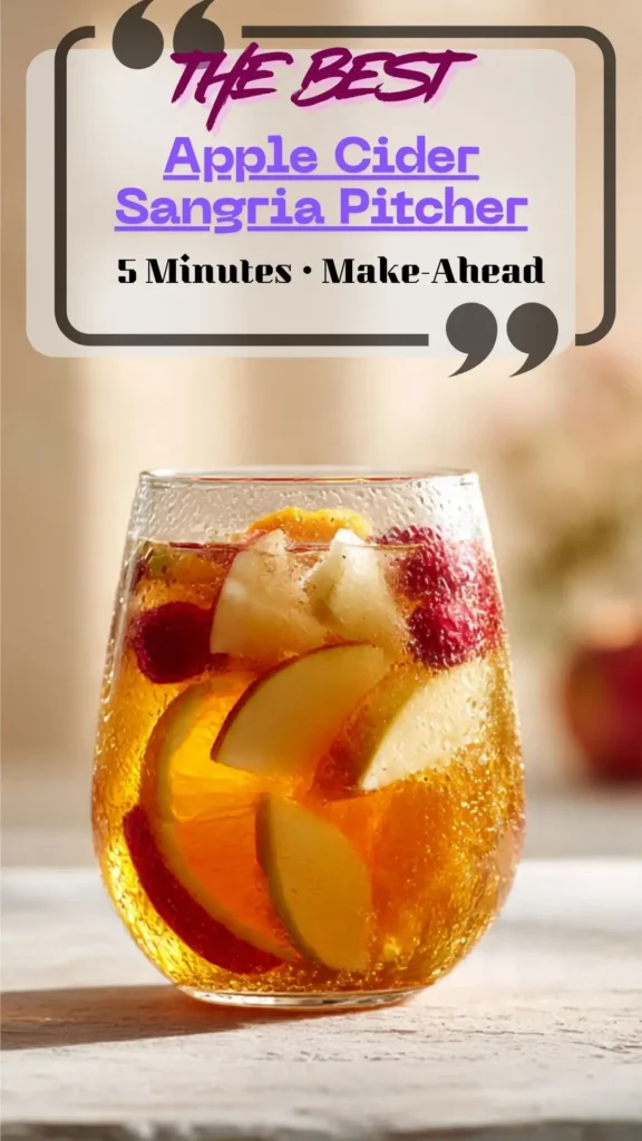 Side view pitcher of apple cider sangria with apples, pears, cranberries, and cinnamon sticks; chilled glasses topped with bubbles, fall party scene.