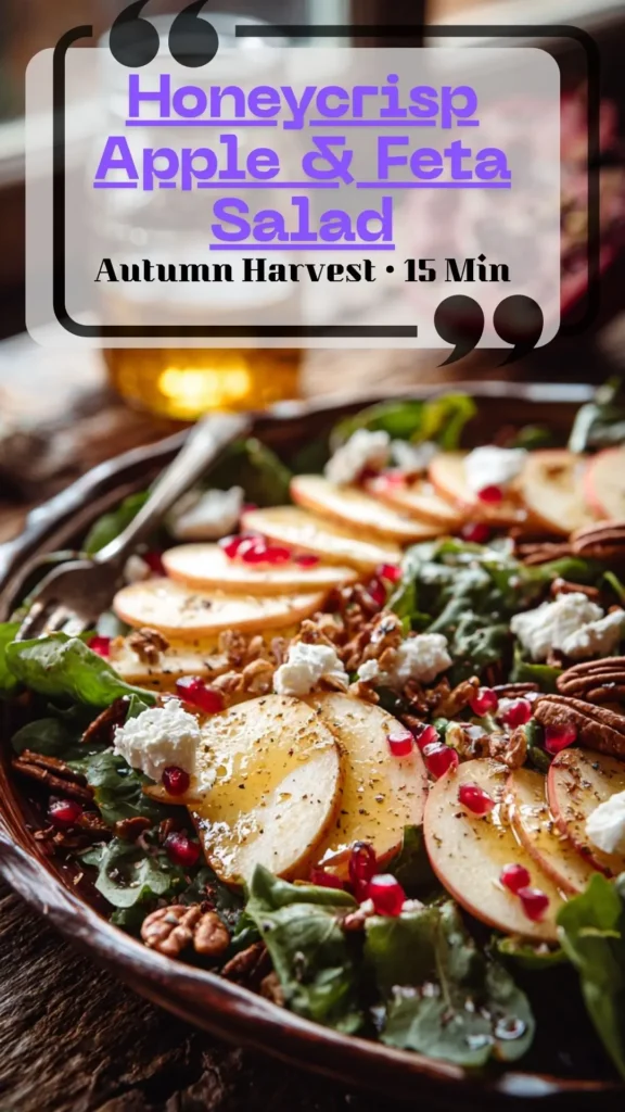 Platter of Honeycrisp Apples Feta Salad with pecans, greens and pomegranate, drizzled with maple-cider vinaigrette—Fall Harvest.