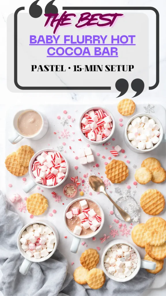 Pastel baby shower cocoa bar with mugs, marshmallows, candy canes, cookies, syrups; snowflake decor on a white cart, winter greenery.