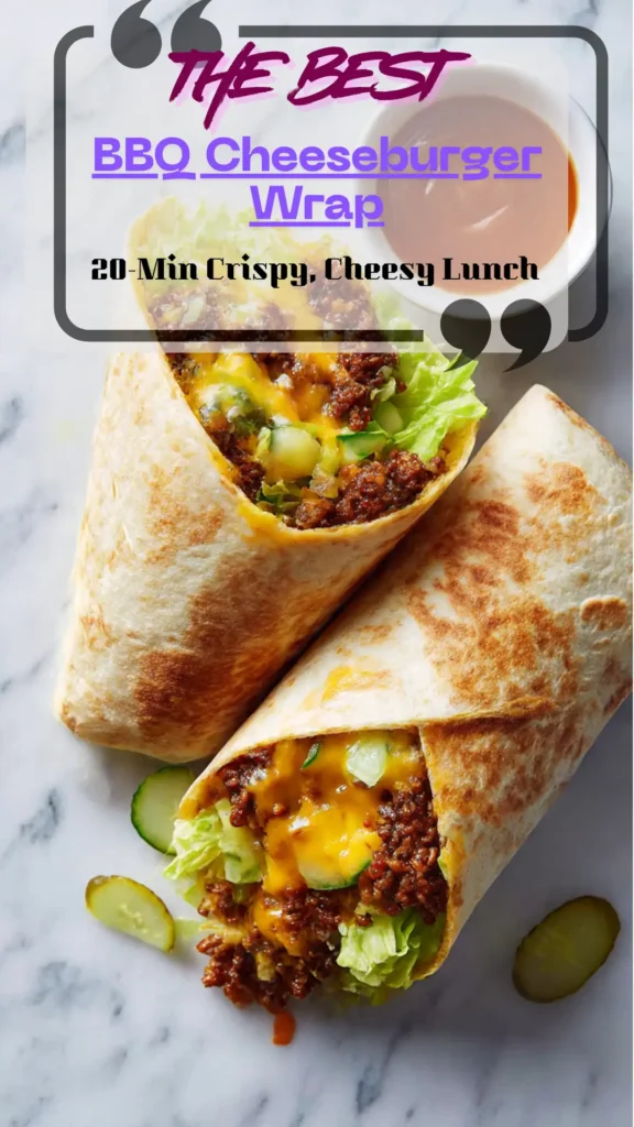 BBQ cheeseburger wrap, diagonal cut: minced beef, melted cheddar, pickles, lettuce, tortilla sauce in toasted tortilla.
