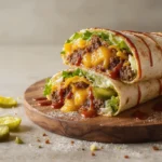 BBQ cheeseburger wrap, diagonal cut: minced beef, melted cheddar, pickles, lettuce, tortilla sauce in toasted tortilla.
