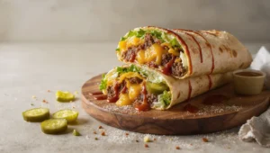 BBQ cheeseburger wrap, diagonal cut: minced beef, melted cheddar, pickles, lettuce, tortilla sauce in toasted tortilla.