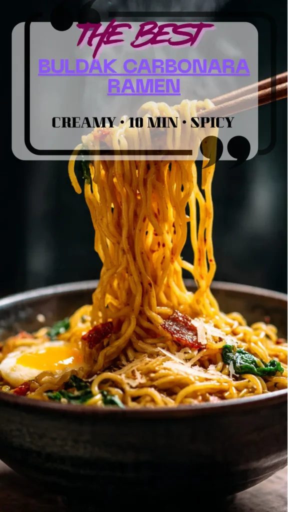 Side view Buldak carbonara ramen—noodles lifted by chopsticks; creamy sauce, egg yolk, chili flakes; Ramyun Aesthetic.