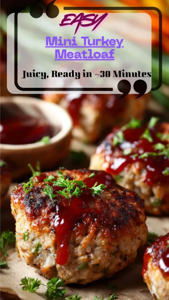 Close-up Mini Turkey Meatloaf with ketchup glaze and parsley; Easy Turkey Meatloaf baked on a sheet pan to 165°F in ~30 minutes.