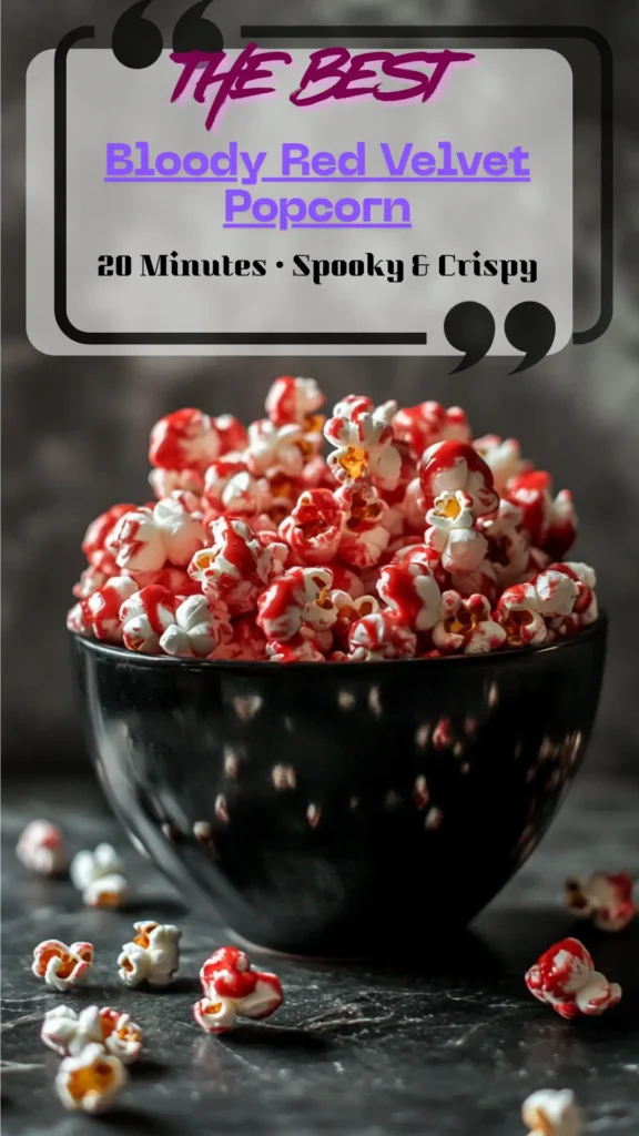 Bowl of red-velvet popcorn with glossy red “blood” drizzle; white-chocolate shine, cocoa flecks, black serving bowl on dark backdrop.