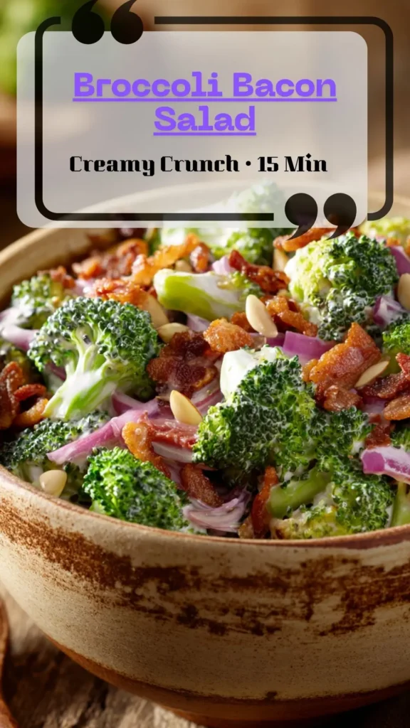 Make a deli-style Broccoli Bacon Salad Recipe with a lighter yogurt dressing, raisins, and seeds. This Broccoli Salad Recipe Easy is ready in minutes, stays crunchy after chilling, and doubles for potlucks—your go-to Broccoli Recipes Side Dish.