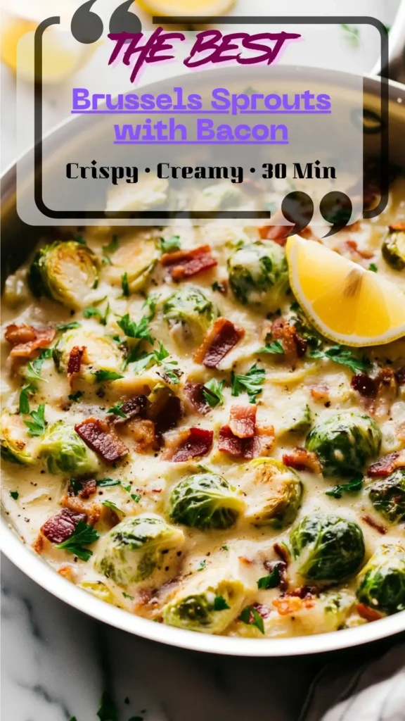 Skillet of creamy Brussels sprouts with crisp bacon and Parmesan; golden edges, parsley, lemon wedge; weeknight 30-minute side.