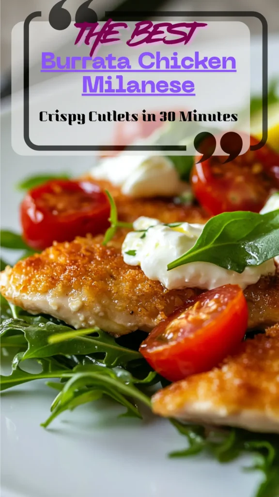 Side view crispy chicken Milanese topped with burrata and lemony arugula, golden crust, basil finish, served on a white plate with tomatoes.
