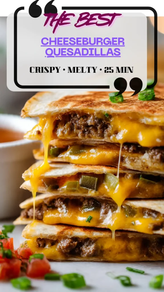 Side view stack of cheeseburger quesadilla wedges: golden tortillas, melted cheddar, beef, pickles; special sauce for dipping.