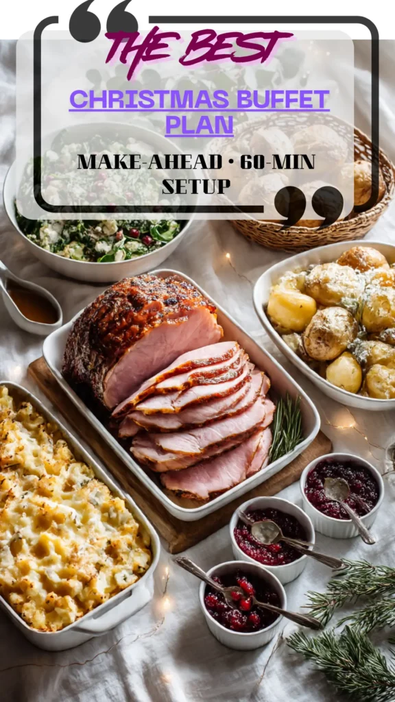 Overhead Christmas buffet: roast platter, casseroles, salads, breads, sauces; greenery and lights; labeled serving spoons.