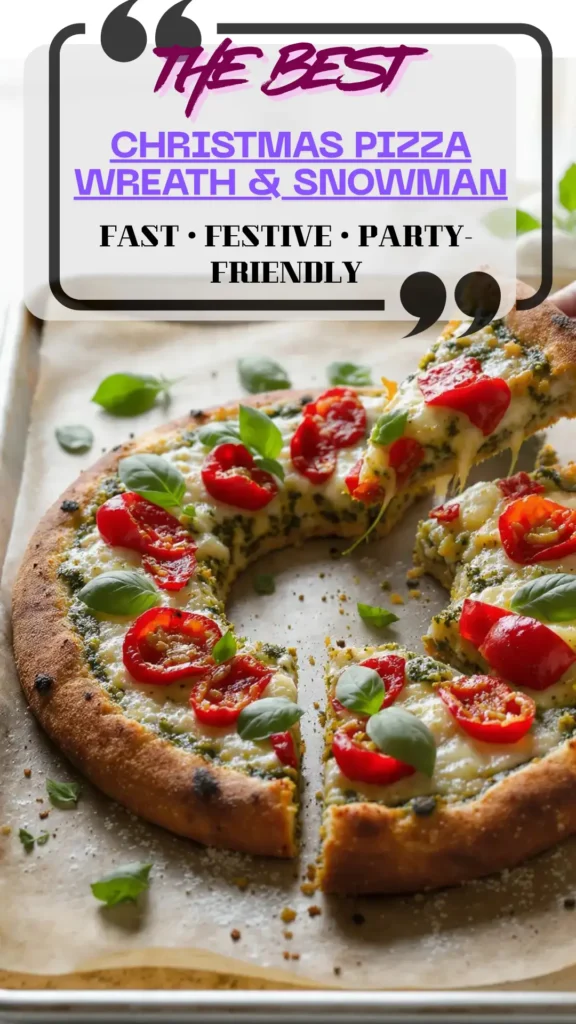 Overhead Christmas pizza wreath with pesto and red pepper “ornaments,” golden crust, basil leaves; sliced into bite-size party pieces.