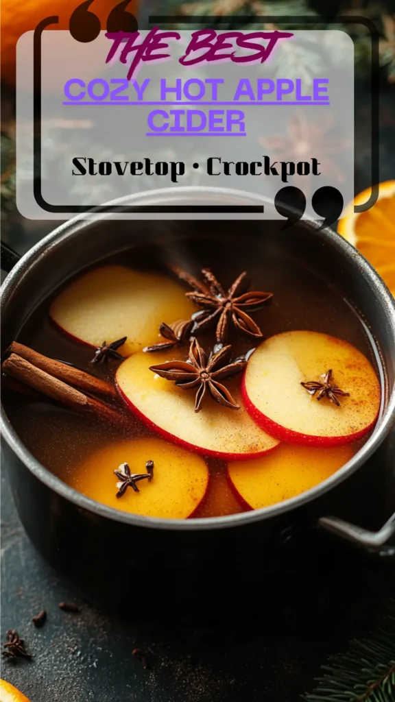 Overhead pot of hot apple cider with cinnamon sticks, orange slices, and star anise; ladle nearby; warm fall scene ready for serving.