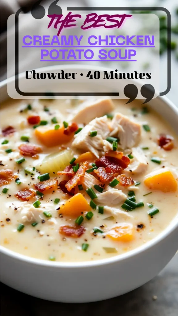 Overhead bowl of creamy chicken potato soup, chowder style, topped with bacon and chives; hearty fall soup, loaded.