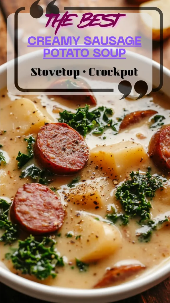 Overhead bowl of creamy sausage and potato soup with sliced kielbasa, tender potatoes, and kale; pepper and chives on top; spoon nearby.