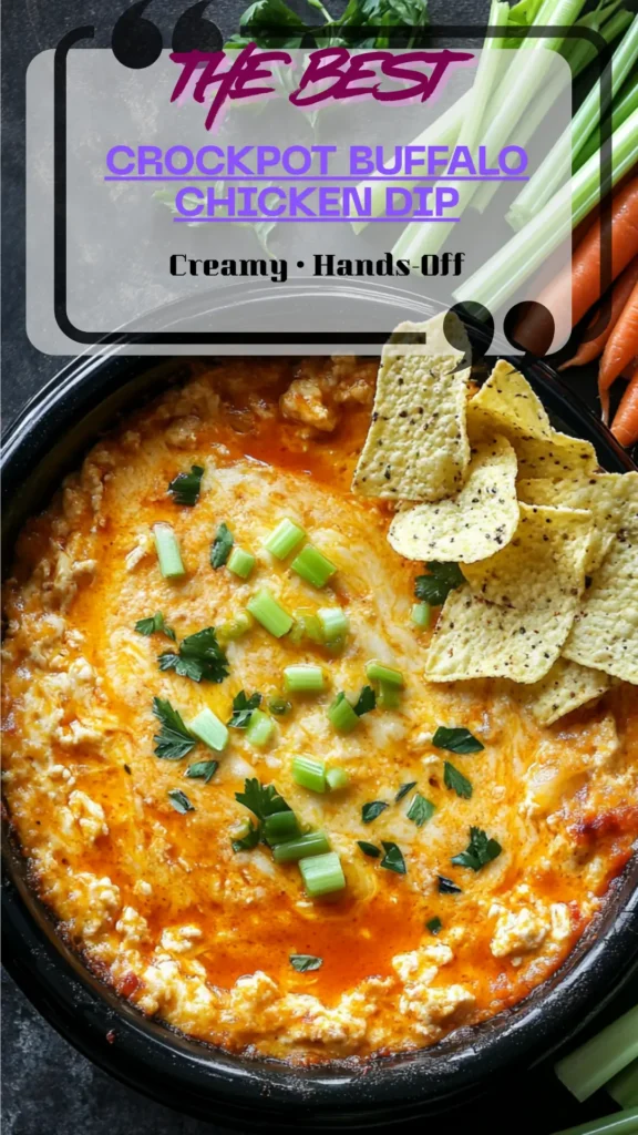 slow-cooker buffalo chicken dip, glossy golden top with orange swirl; chips, celery, and carrots arranged for dipping; party spread.