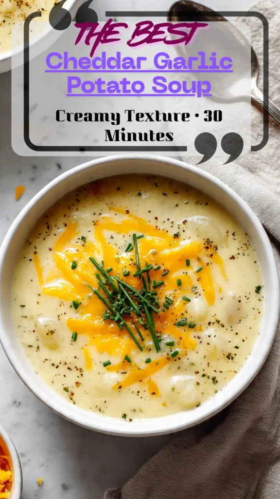 Bowl of creamy cheddar garlic potato soup topped with cheddar, chives, and pepper; silky texture with soft potato chunks, fall soup scene.