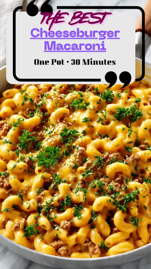 Overhead skillet of creamy cheeseburger macaroni with cheddar melt and parsley; one-pot weeknight ground beef pasta dinner.