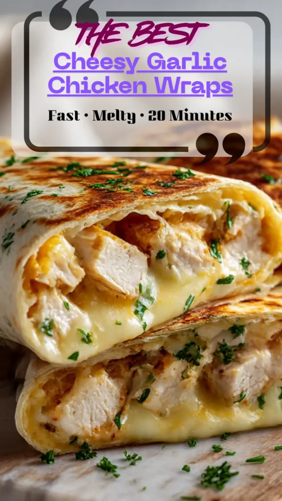 Side view cheesy garlic chicken wrap, melted cheese pull, golden tortilla, parsley garnish, quick weeknight dinner.