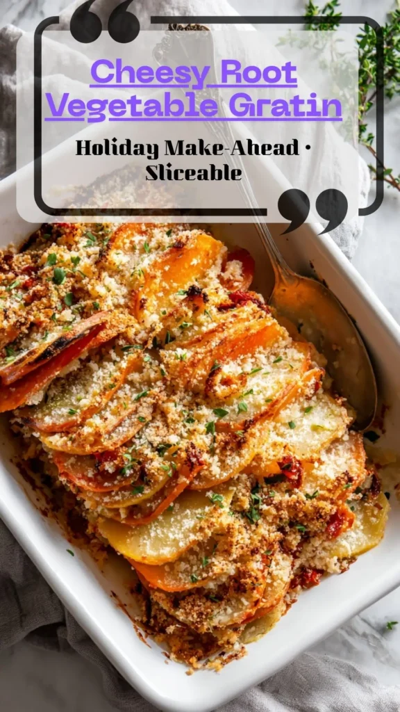 Cheesy Root Vegetable Gratin—layered potatoes, parsnip, sweet potato with Parmesan crumb and sun-dried tomatoes; Thanksgiving side.