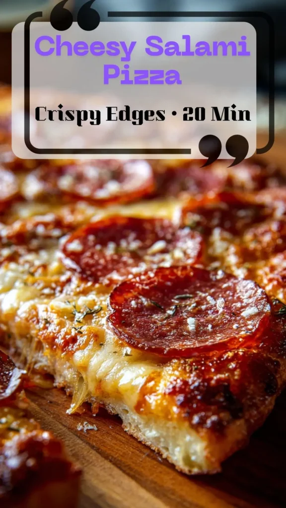 Side-angle Cheesy Salami Pizza slice with cupped salami, crispy edges, cheese pull—photo-ready Pizza Pic, Pizzas Aesthetic.
