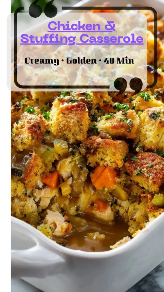 Chicken and stuffing casserole with golden Stove Top–style crumb, creamy gravy, pot pie veggies—easy weeknight bake.