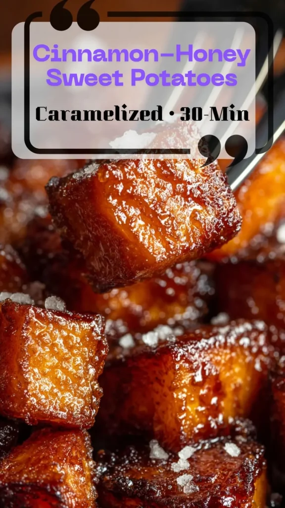 Close-up fork lifting caramelized cinnamon-honey sweet potato cube—glossy, salted—Fall Veggie Sides, Side Dish Sweet Potato.