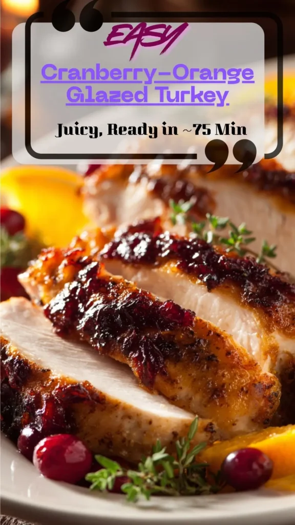 Turkey breast slices glazed with cranberry-orange sauce on a white platter; golden skin, thyme and orange slices; oven roasted to 165°F.