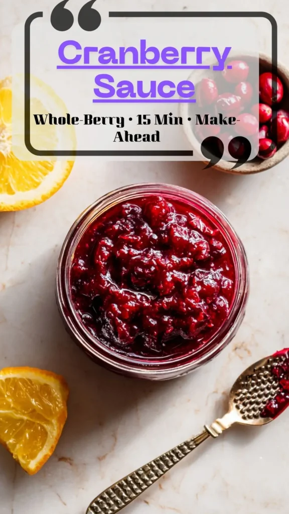 Overhead jar of glossy whole-berry cranberry sauce with orange wedges—Homemade Cranberry Sauce Thanksgiving, Whole Cranberry Sauce Recipes.