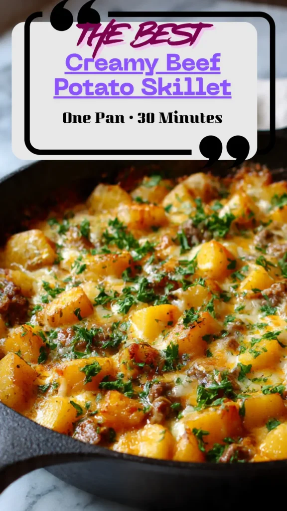 creamy beef and potato skillet with melted cheese and parsley; steamy one-pan dinner with golden potatoes.