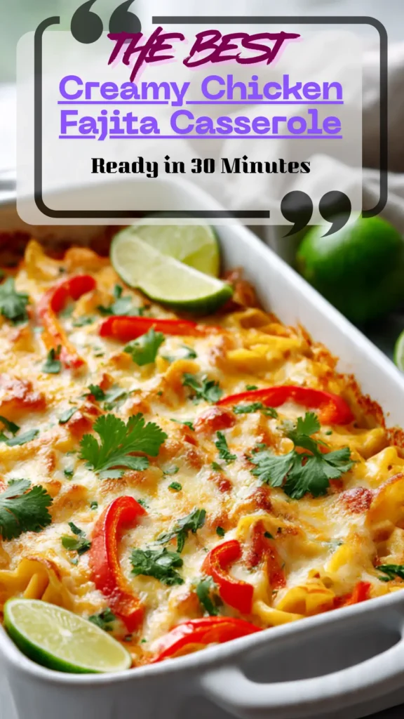Side view creamy chicken fajita casserole with cheese, peppers, and pasta; golden top; quick 30-minute dinner.