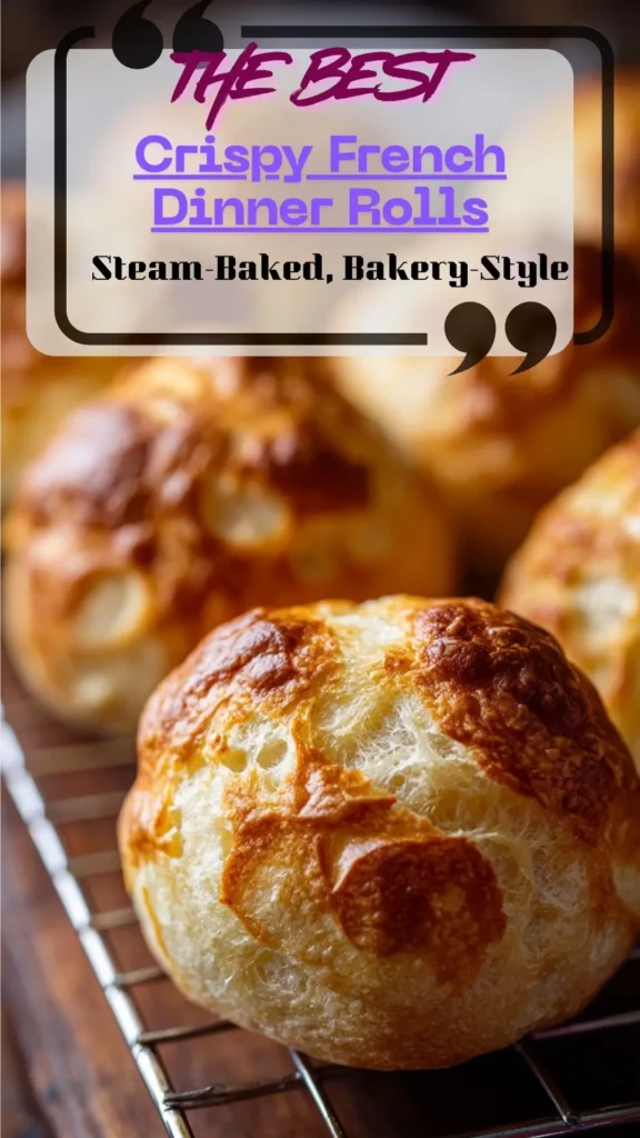 Tray of crispy French dinner rolls, golden blistered crust and airy crumb; steam-baked on hot stone; cooled on rack.