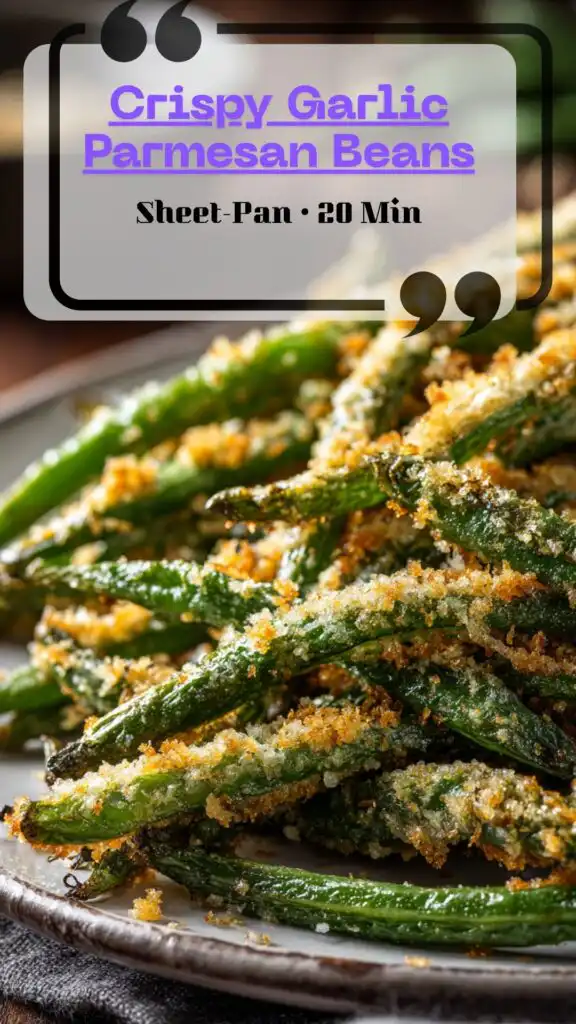 Oven roasted Parmesan green beans with crispy garlic crumbs on a sheet pan—Thanksgiving food sides; roasted vegetable recipes.