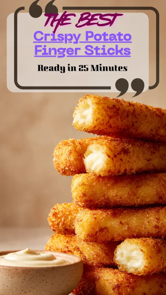 Side view crispy potato finger sticks on plate, golden outside and fluffy inside, small dip bowl, fast vegetarian snack.