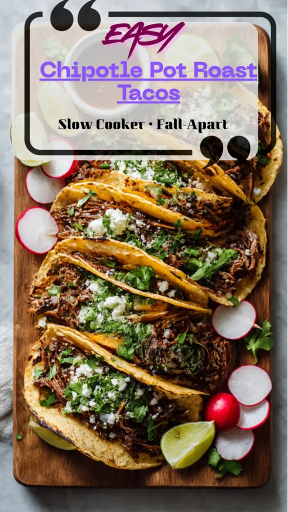 Overhead plate of chipotle pot roast tacos on warm corn tortillas with cilantro, diced onion, radishes, and lime; glossy shredded beef.