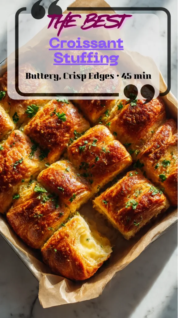 Golden croissant stuffing in a 9×13 pan—crisp buttery tops, herb flecks, custardy center; serving spoon lifting a square; holiday side dish.