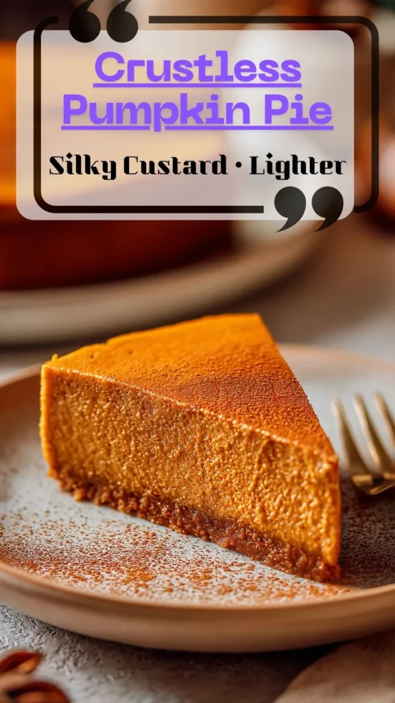 Side-angle slice of crustless pumpkin pie with silky custard—Healthy Pumpkin Pie Recipe and Pumpkin Custard Pie vibes.