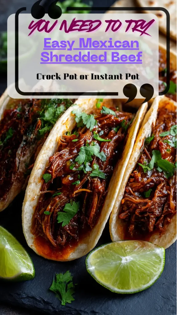 Overhead pan of Mexican shredded beef in reduced juices with tortillas, cilantro, and lime; tender, crisp-edged strands.
