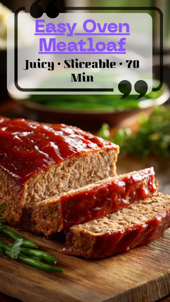 Easy Oven Meatloaf with glossy glaze, neat slices on a wooden board, green beans behind—best easy homemade oven meatloaf.