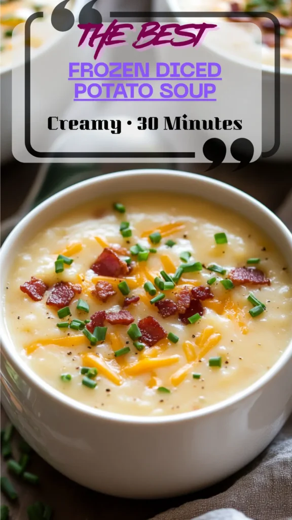 Overhead bowl of creamy potato soup made with frozen diced potatoes; cheddar, bacon, and chives on top; silky chowder texture in a white bowl.