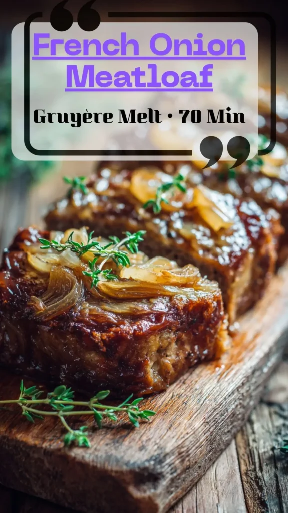 French Onion Meatloaf with caramelized onions, thyme and melted Gruyère, sliced on board—Meatloaf Dinner, Beef Meatloaf.