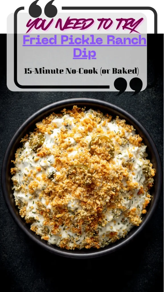 Overhead bowl of Fried Pickle Ranch Dip topped with golden panko, chopped dill pickles, and dill; chips and veggies around.