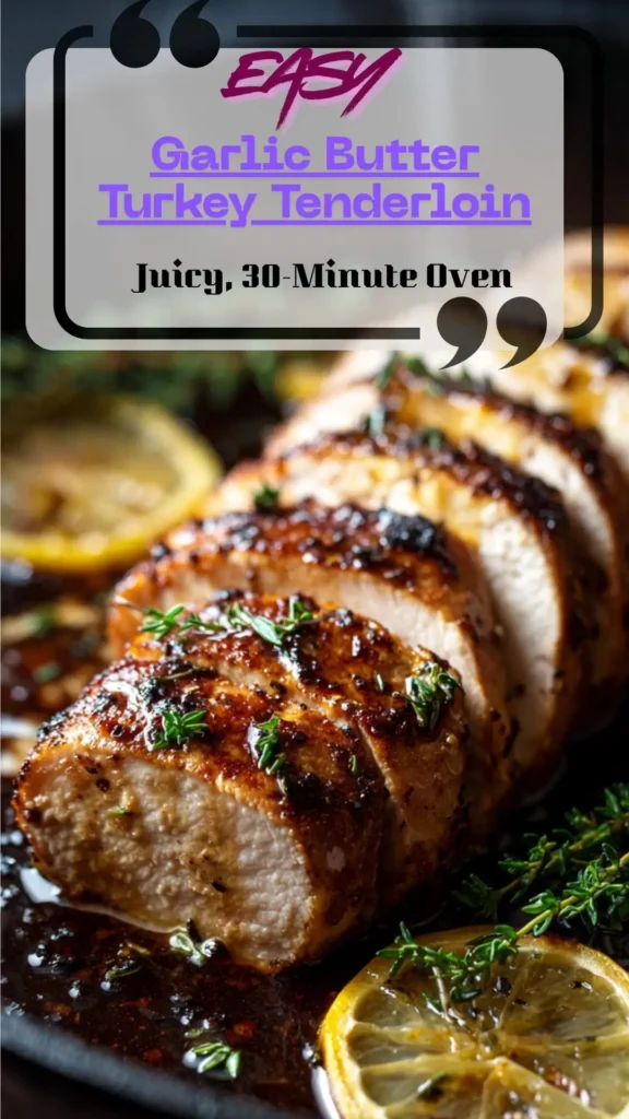 Sliced garlic butter turkey tenderloin on skillet with lemon and thyme; golden sear, pan juices; oven roasted to 165°F.