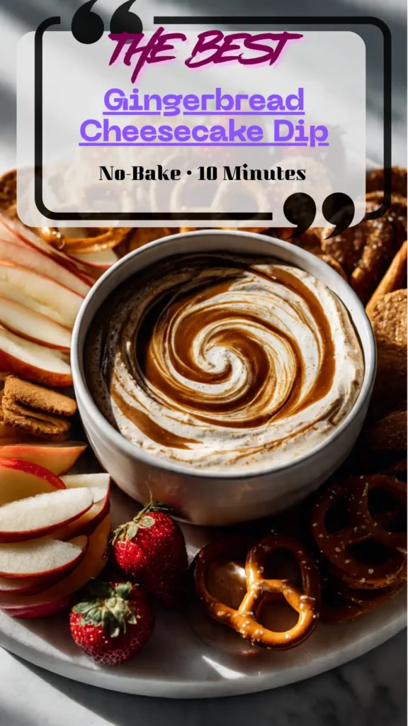 Bowl of gingerbread cheesecake dip with molasses swirl and cookie crumb, surrounded by gingersnaps, pretzels, and apple slices on a holiday board.