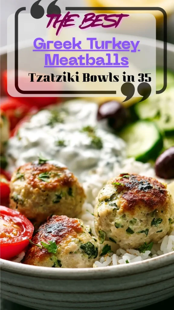 Side view bowl with Greek turkey meatballs, creamy tzatziki, cucumbers, tomatoes, herbs over lemon rice; lunch or dinner bowl.